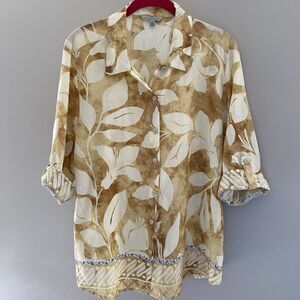 Hester & Orchard Linen Blend Floral Button-Up Shirt Beige White Size S